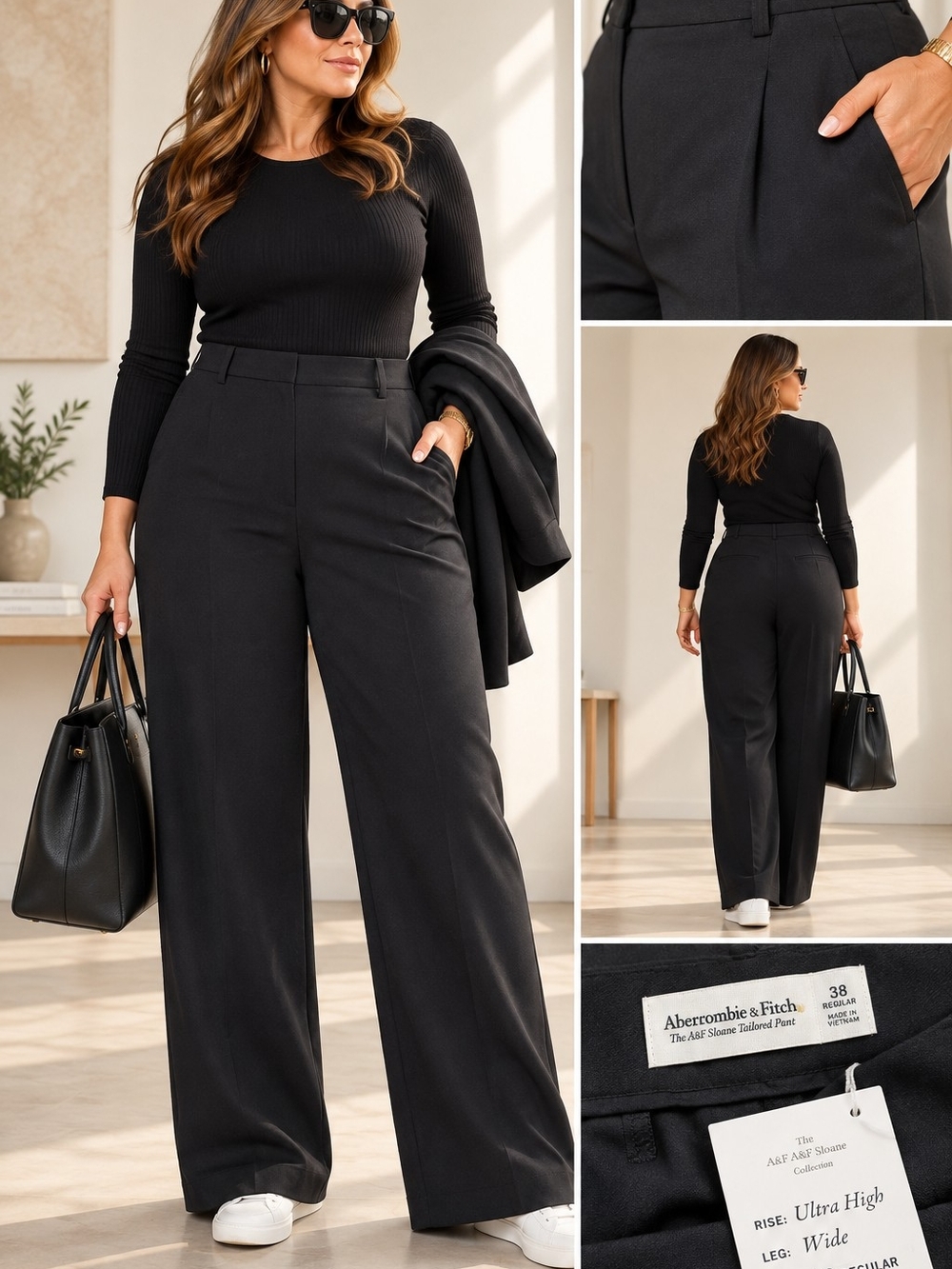 Abercrombie & Fitch Ultra High Rise Wide Leg Tailored Pants Black 6XL/38 NWT